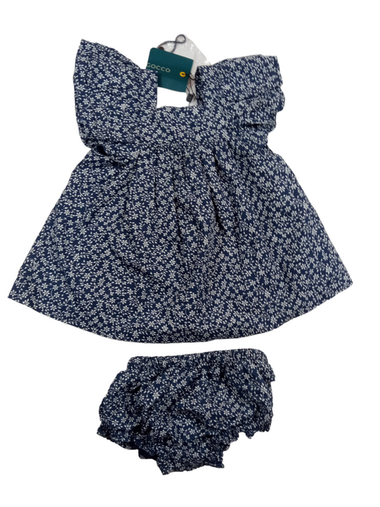Vestido azul marino diseño  flores / Talla 6-9 meses